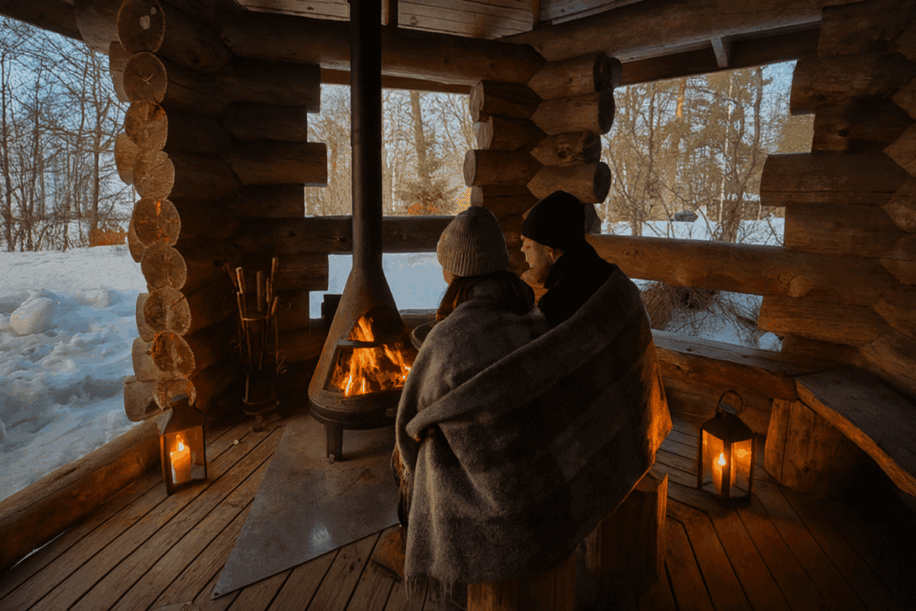 Two people sitting by the fire at a Finnish rental cottage, warmly wrapped up, surrounded by peaceful nature and snowy landscapes. Villa Kivikoski rental cottage, Pyhtää, Southern Finland.