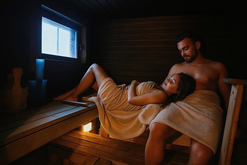 Sauna hetki suomalaisessa kylpylässä, ylellinen ja rentouttava kokemus.
