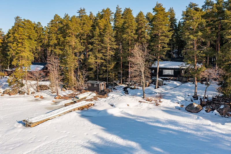 Skitunäs villa, ilmakuva talvella. Pyhtää, Kymenlaakso