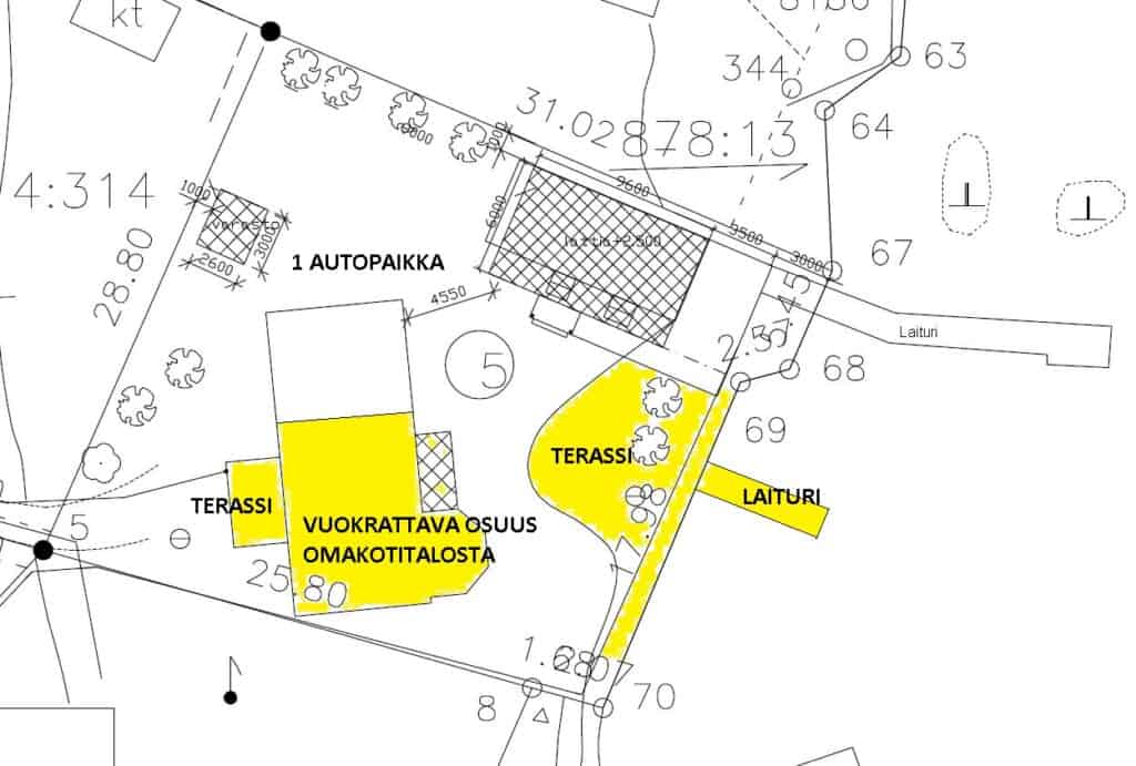 Seurakuja 6 Kotka, asemapiirros, jossa iso yksiö esitettynä keltaisella värillä