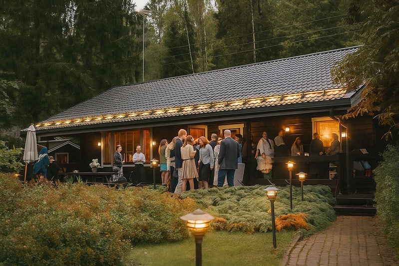 Alt: Ihmisiä kokoontuu suomalaisessa mökissä ilta-aikaan, lämmin tunnelma, ulkotilan valaistus.