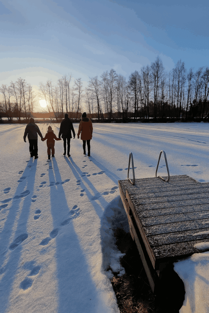 Lapsiperhe kävelee lumisessa järvimaisemassa, taivas kirkas ja auringonlasku heijastuu jääpeitteiselle järvelle.