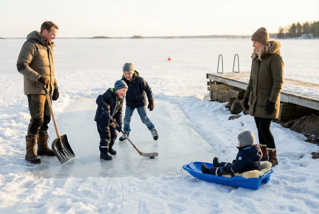 Hiihtolomalla vuokramökille Etelä-Suomeen. Kotterian mökillä Skitunäsissä meri usein jäätyy ja pääset lasten kanssa jäälle luistelemaan ja leikkimään