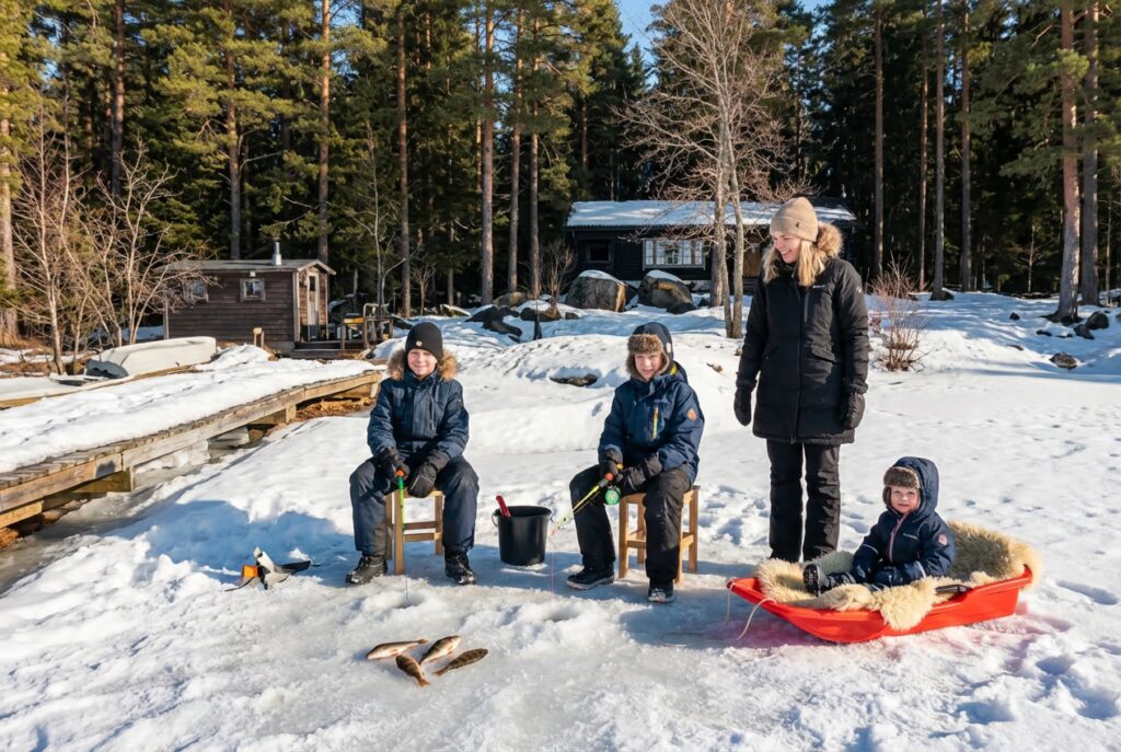 Hiihtolomalla voi kokeilla myös pilkkimistä. Kuvassa lapset äidin kanssa jäällä, taustalla villa Skitunäs mökki Kymenlaaksossa