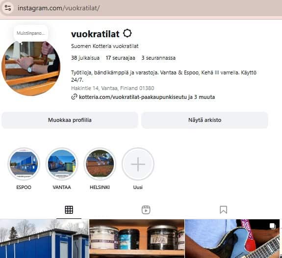Suomen Kotteria Oy:n vuokratilat myös Instagarm -palvelussa. Kuvakaappaus Suomen Kotterian profiilista.