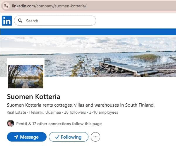 Suomen Kotteria Oy myös Linkedin palvelussa. Kuvakaappaus Suomen Kotterian profiilista