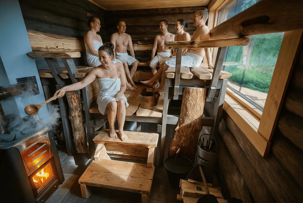 Kaunisvirran mökillä on iso puulämmitteinen sauna. Mökki soveltuu mainiosti palaverien ja tiimikokousten pitopaikaksi. Pyhtää, Kymenlaakso, lähellä Helsinkiä