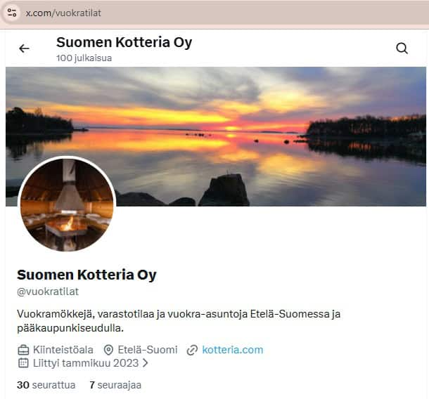 Suomen Kotteria Oy:n vuokratilat myös X-palvelussa. 8Entinen Twitter) Kuvakaappaus Suomen Kotterian profiilista.