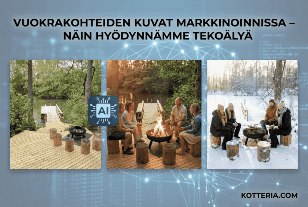 Hyödynnämme tekoälyä kuvien muokkauksessa. Kuvassa Struka villa nuotiopaikka ja siitä kaksi erilaista tekoälyversiota