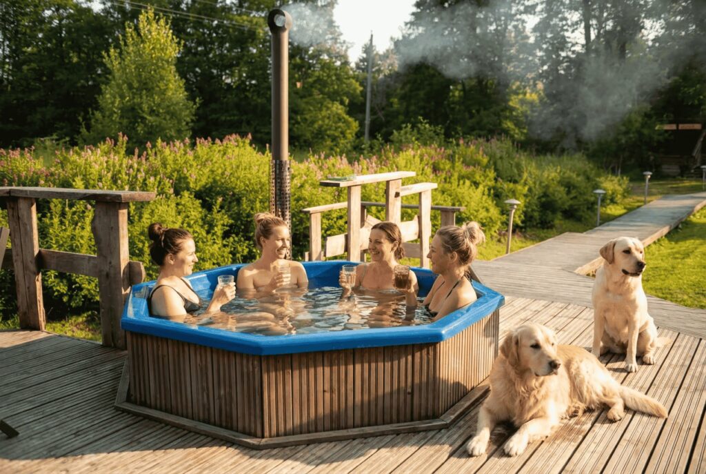 Naisia paljussa Kivikosken mökillä. Mökki sijaitsee Kymenlaaksossa, Pyhtäällä.