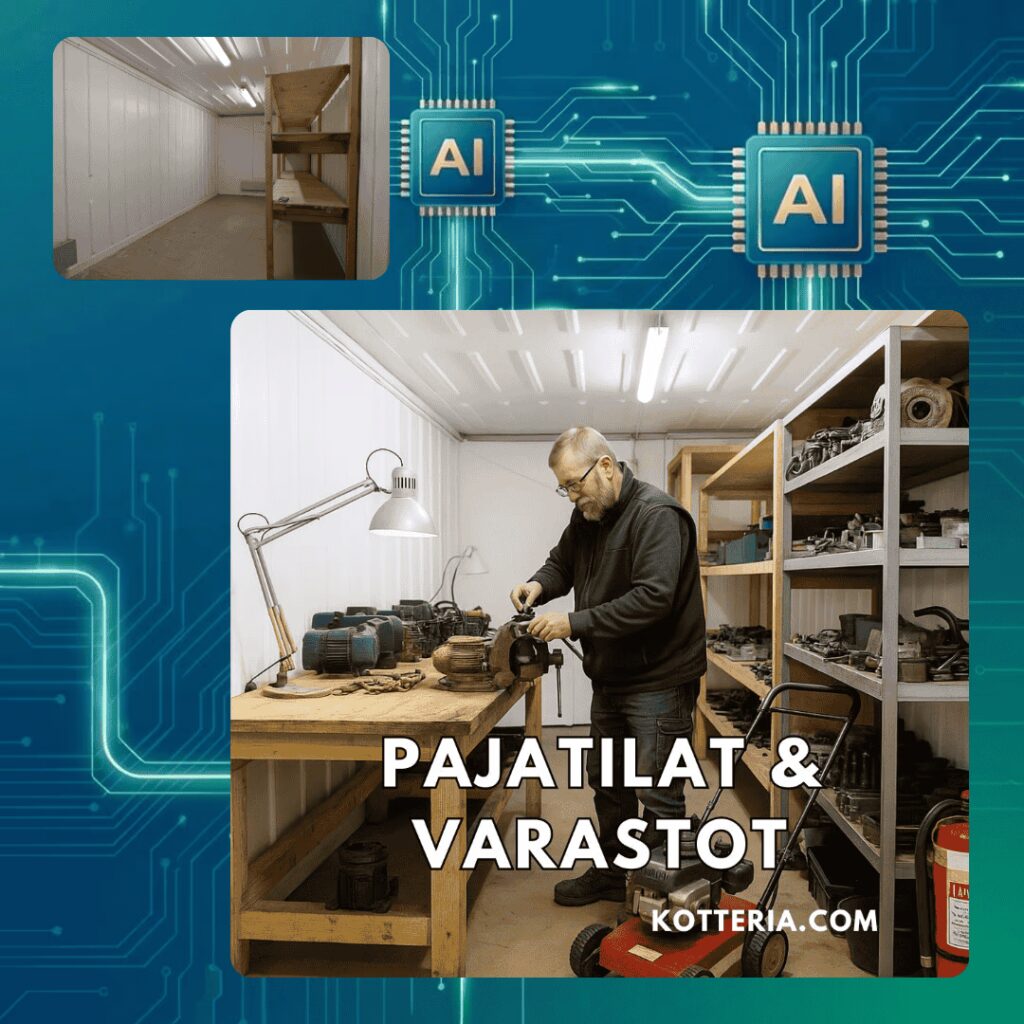 Tekoälyllä korjauspajaksi ja varastotilaksi muokattu kuva Hakkilan vuokratilasta.