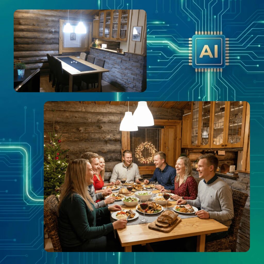 Tekoälyllä lisätty alkuperäiseen Kivikosken mökkikuvaan ystäväporukka ruokailemaan. Kuvaan lisätty myös joulukuusi ja valaistusta säädetty luonnollisempaan suuntaan.