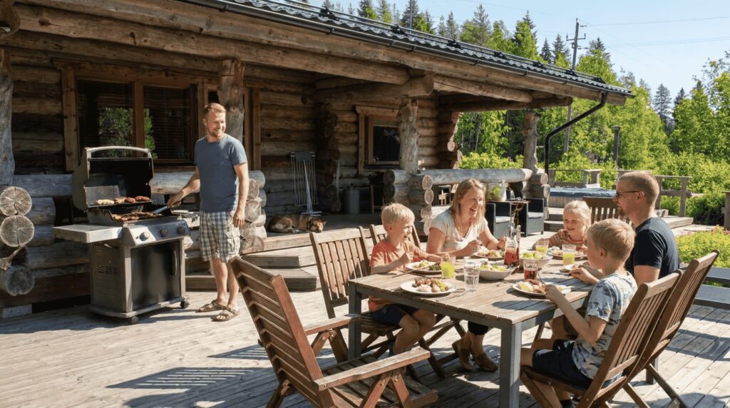 Perhe Kivikosken mökillä grillaamassa ja ruokailemassa.