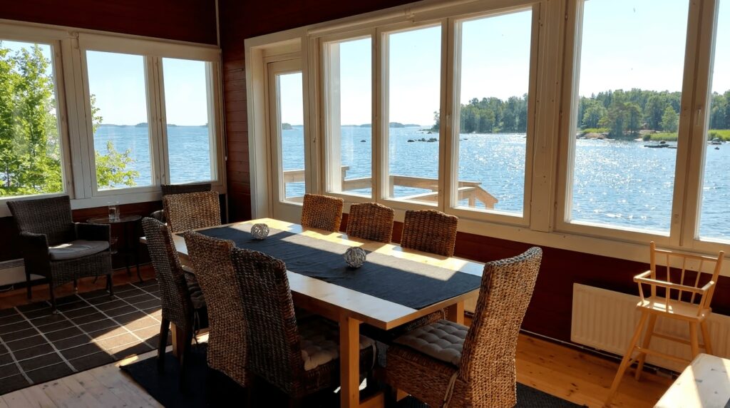 The Rantakari rental cottage in Kotka features a winter-heated glass terrace right by the sea, with dining space for up to eight people.
