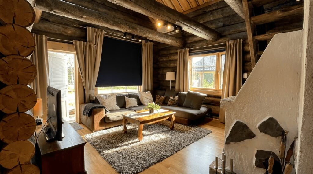 Villa Kaunisvirta, living room. A spacious sofa and a fireplace.