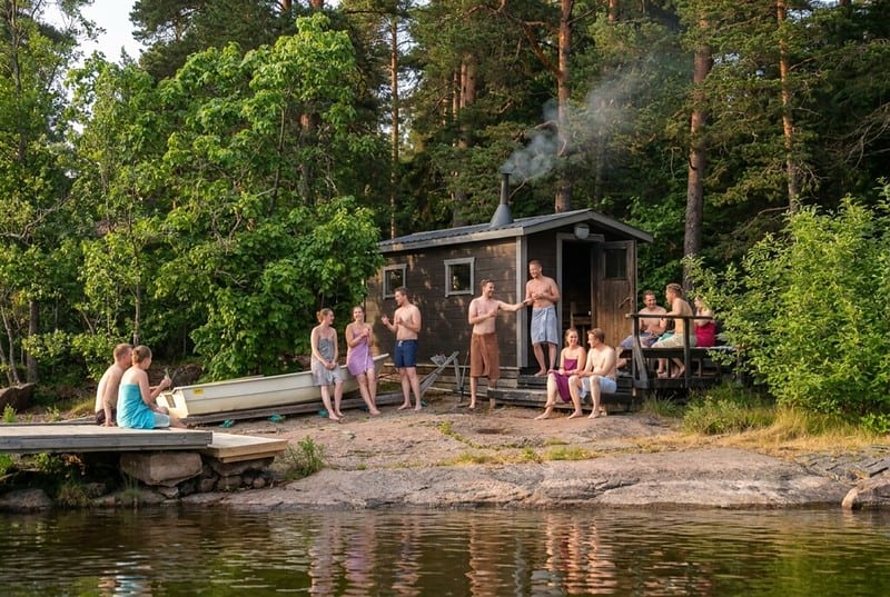 Saunojia Skitunäsin rantasaunalla