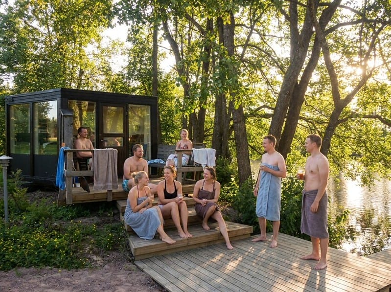 Laskinen rantasauna kivikosken mökin rannassa. Iso sähkölämmitteinen sauna, kosteat ja pehmeät löylyt. Kaveriporukka vilvoittelemassa saunan ulkopuolella.